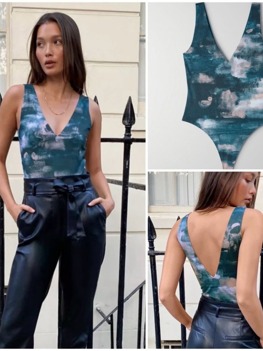 BABATON - Double-V Abstract Teal Watercolour Thong Bodysuit. Small.